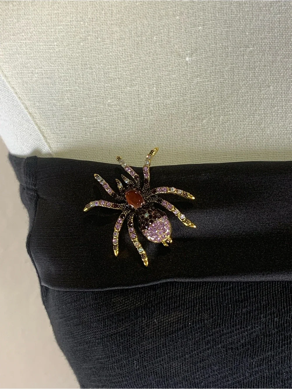 Rhinestone Spider Brooch Purple Amethyst Gold Tone